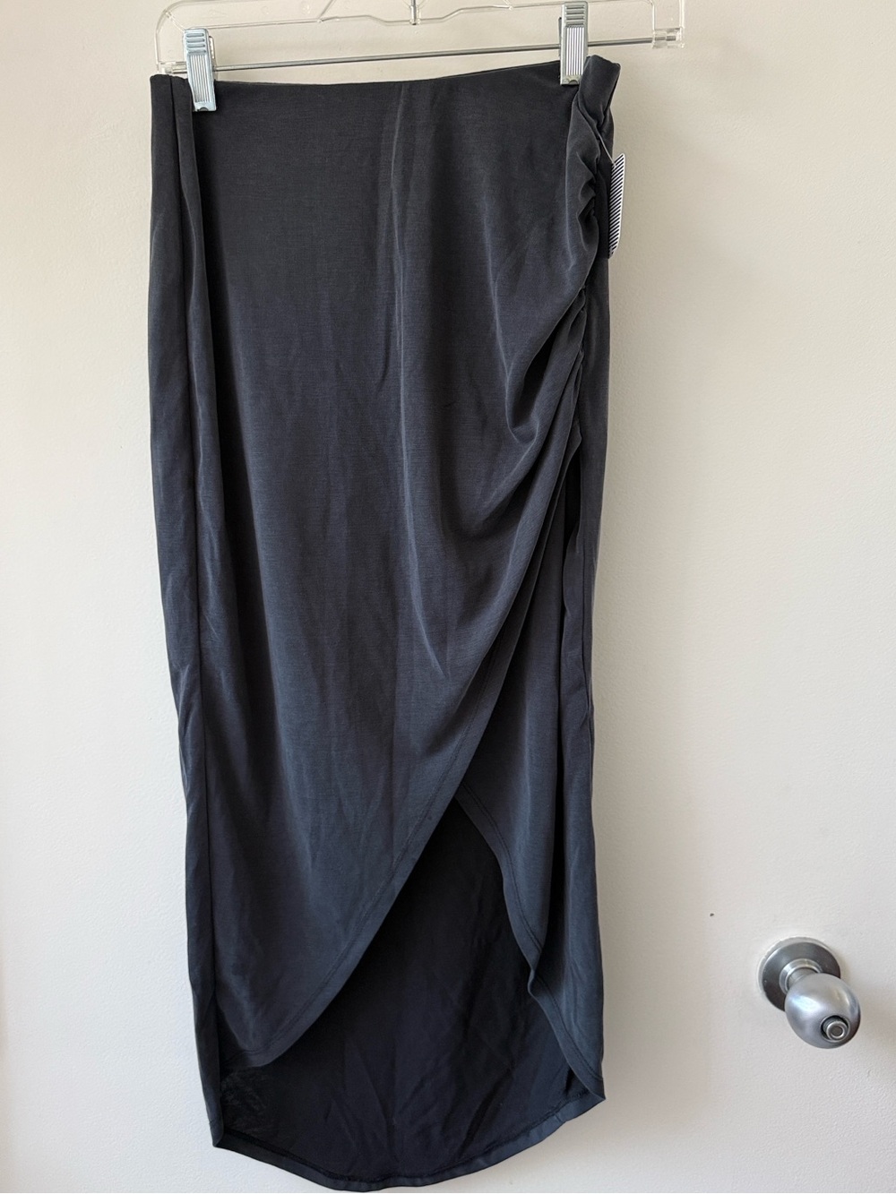 Splendid Off black Ruched Faux Wrap Midi Skirt Drape Jersey knit XS